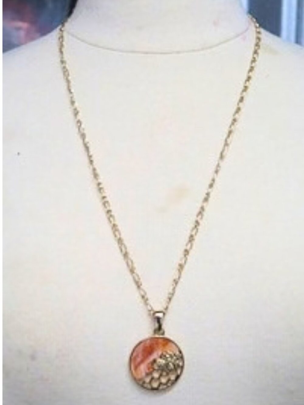 Gold Tone Bee Pendant Necklace Orange Round Medallion Long Link Chain